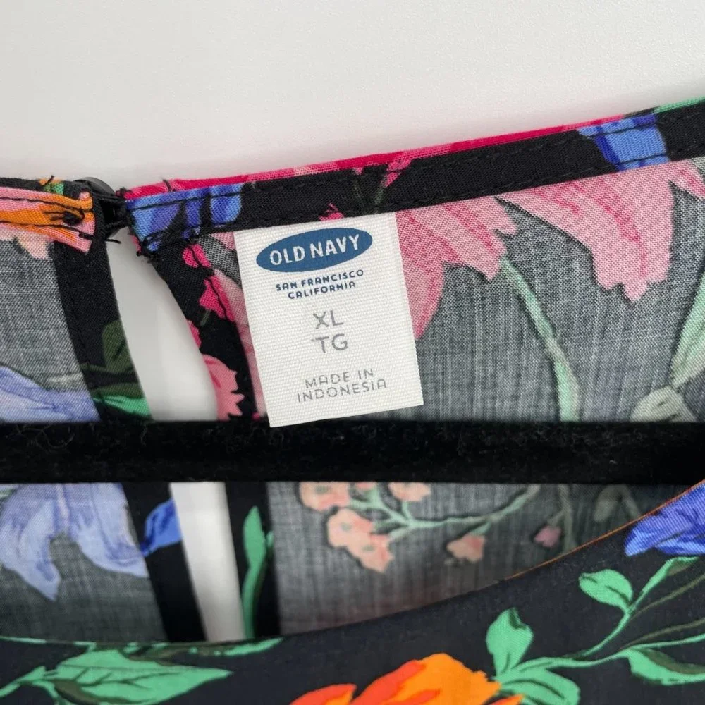Old Navy Size X-Large Long Bell Sleeve Black Multicolor Floral Shift Dress Rayon - Picture 5 of 6
